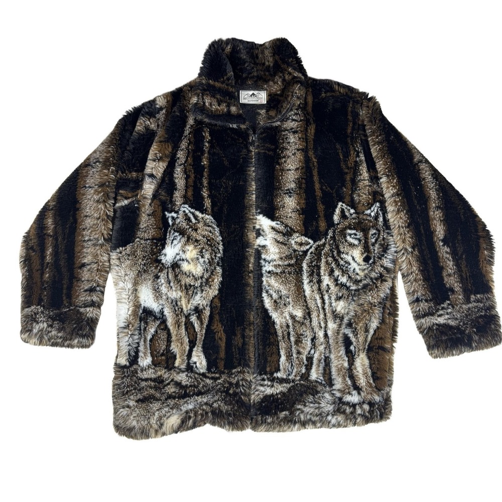 Black Mountain Outdoor Wolf Forest Full Zip Faux Fur Jacket M Brown Black White